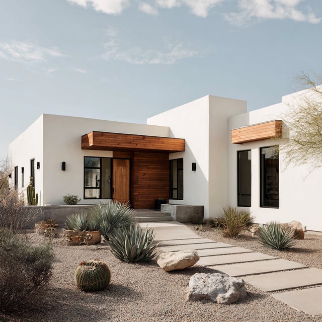 Modern desert home with white stucco and wood accents.
