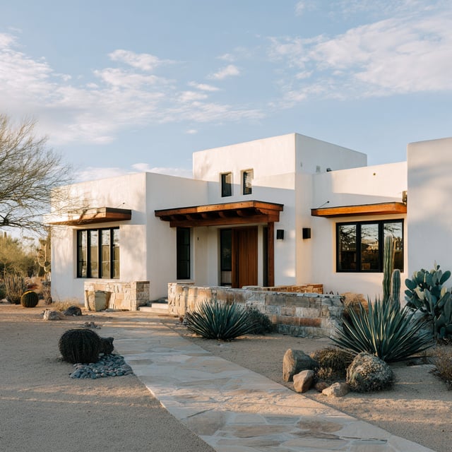 White desert home with stone path, wood beams, and cacti.