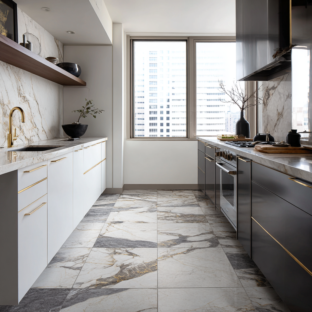 A contemporary kitchen with sintered stone marble-look flooring, gold-accented cabinetry, and expansive city views.