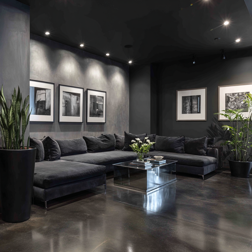 Sleek media room with black concrete floors and a gray sofa.