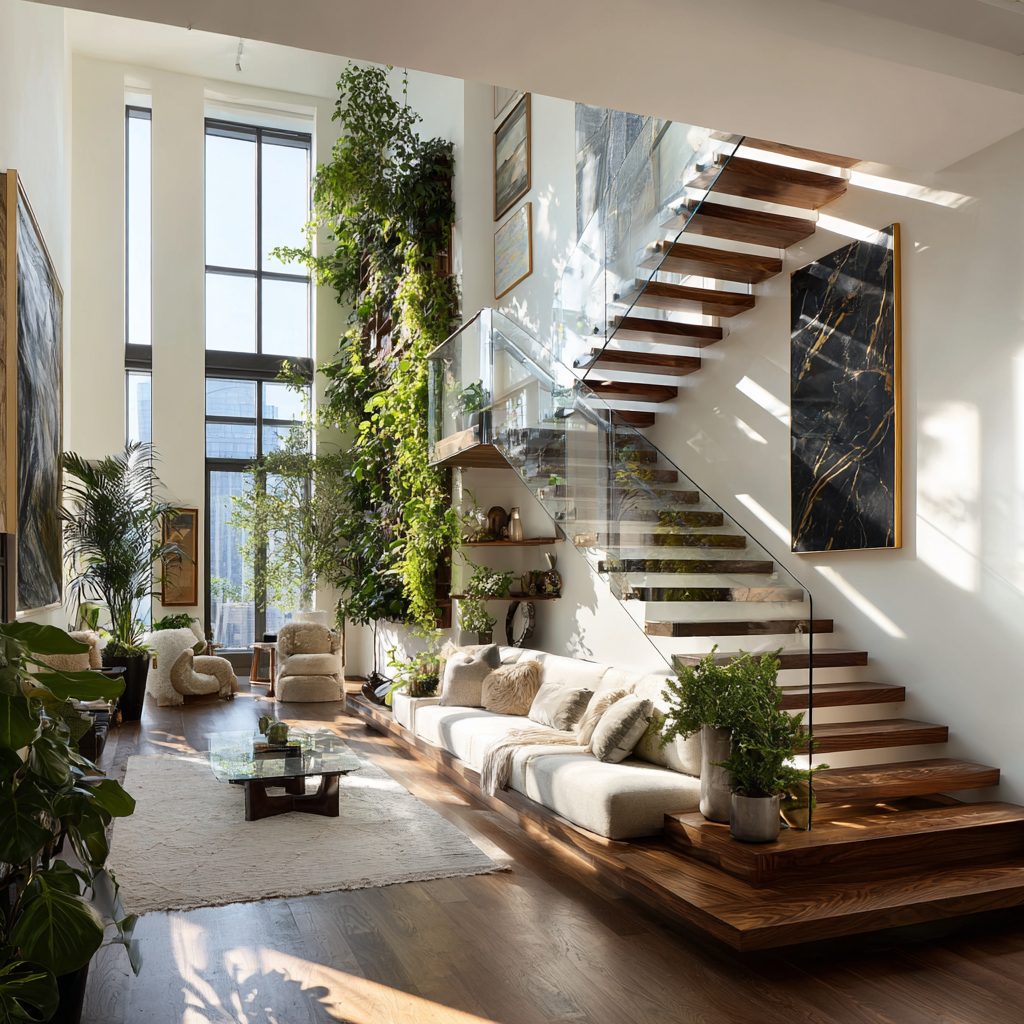A bright, modern living area features a dramatic floating wood staircase with a glass railing, a large vertical garden wall, a recessed white sofa, and tall windows that flood the room with sunlight.