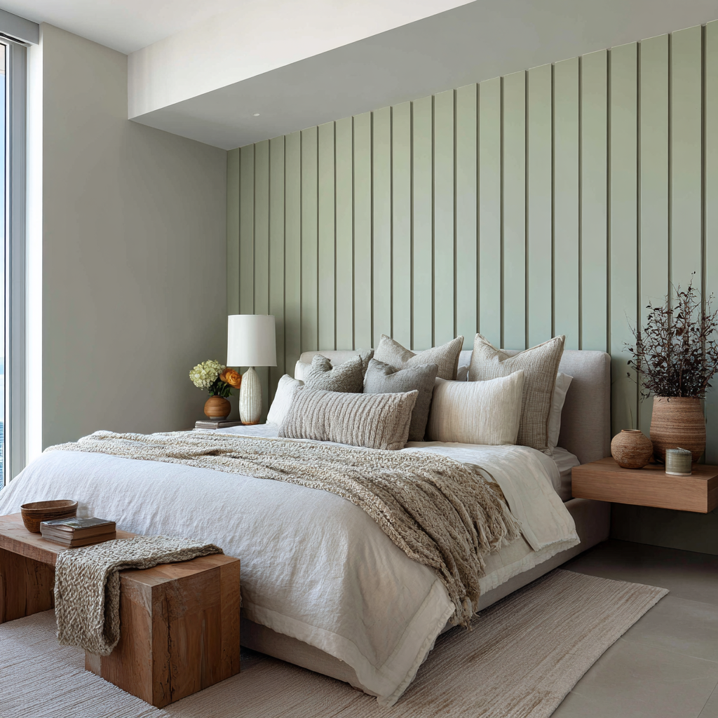 Bedroom with green slat wall, wood bench, and neutral bed.
