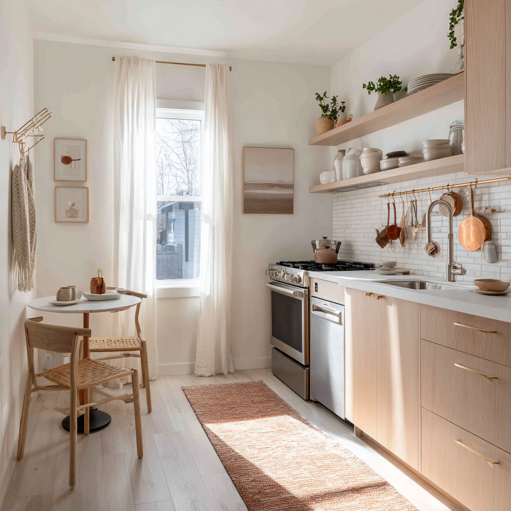 Bright kitchen with light wood and a sunlit dining nook.