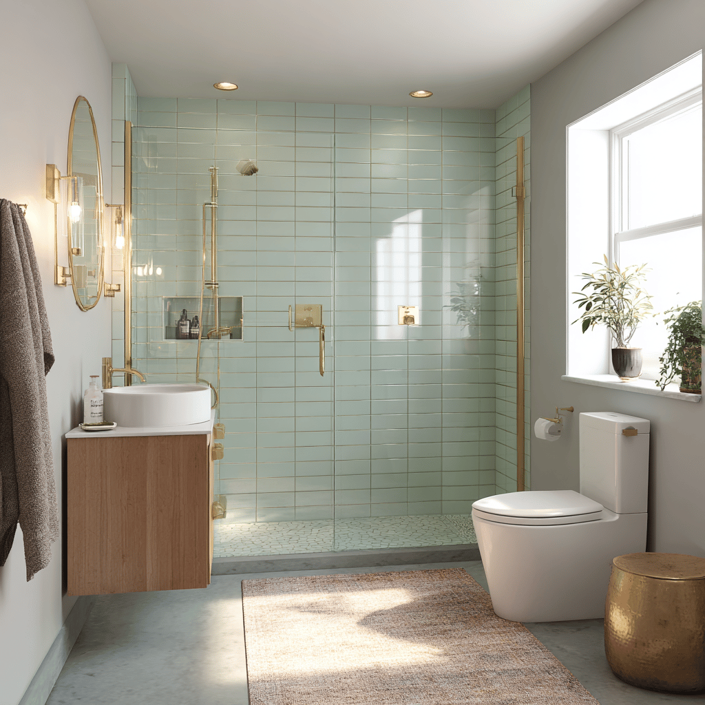 A small contemporary bathroom featuring seafoam green stack bond tiles, a wood floating vanity with a vessel sink, and luxurious gold fixtures complemented by polished cement floors.