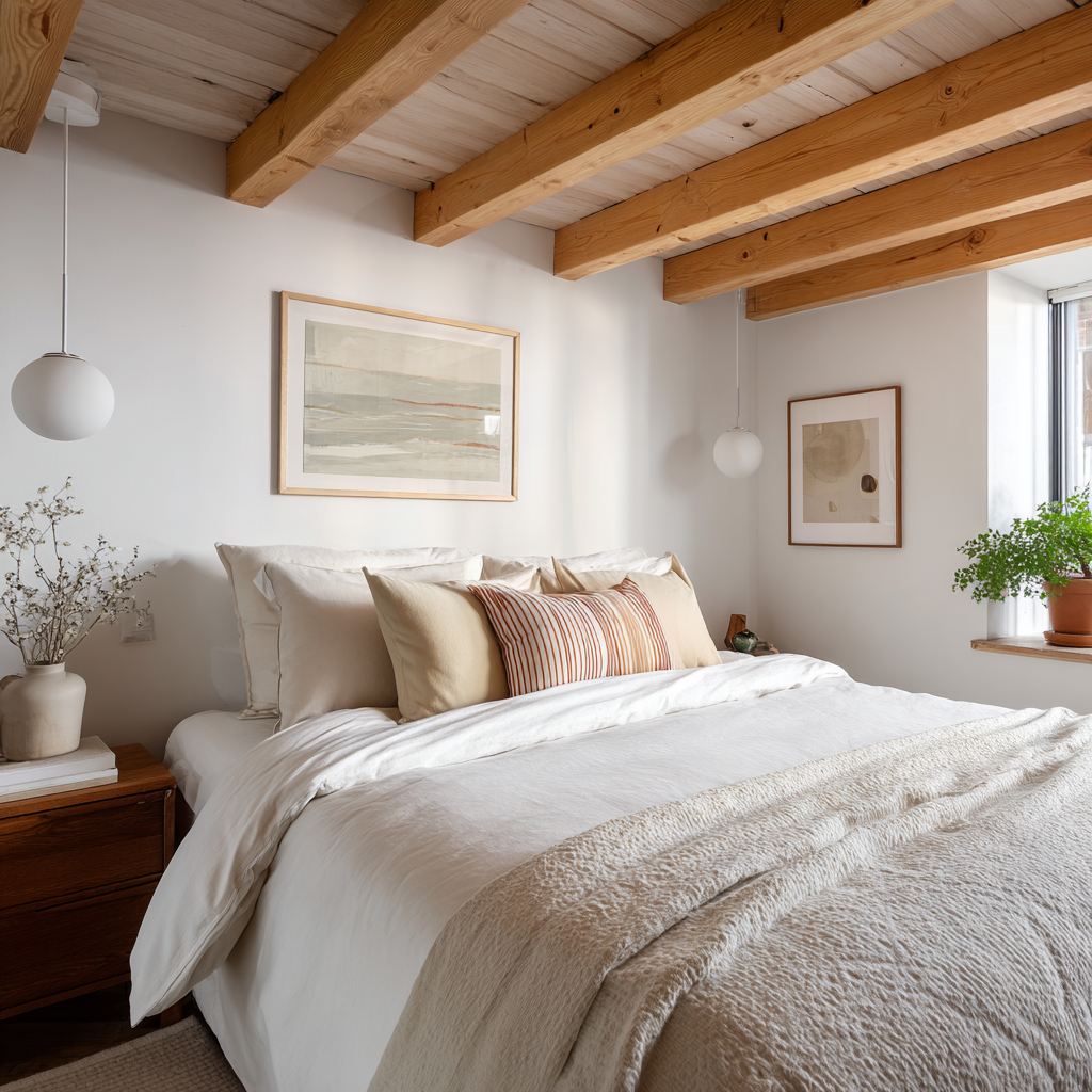 A cozy bedroom with a white bed, neutral pillows, and exposed wooden ceiling beams, softly lit by pendant lights and natural daylight.