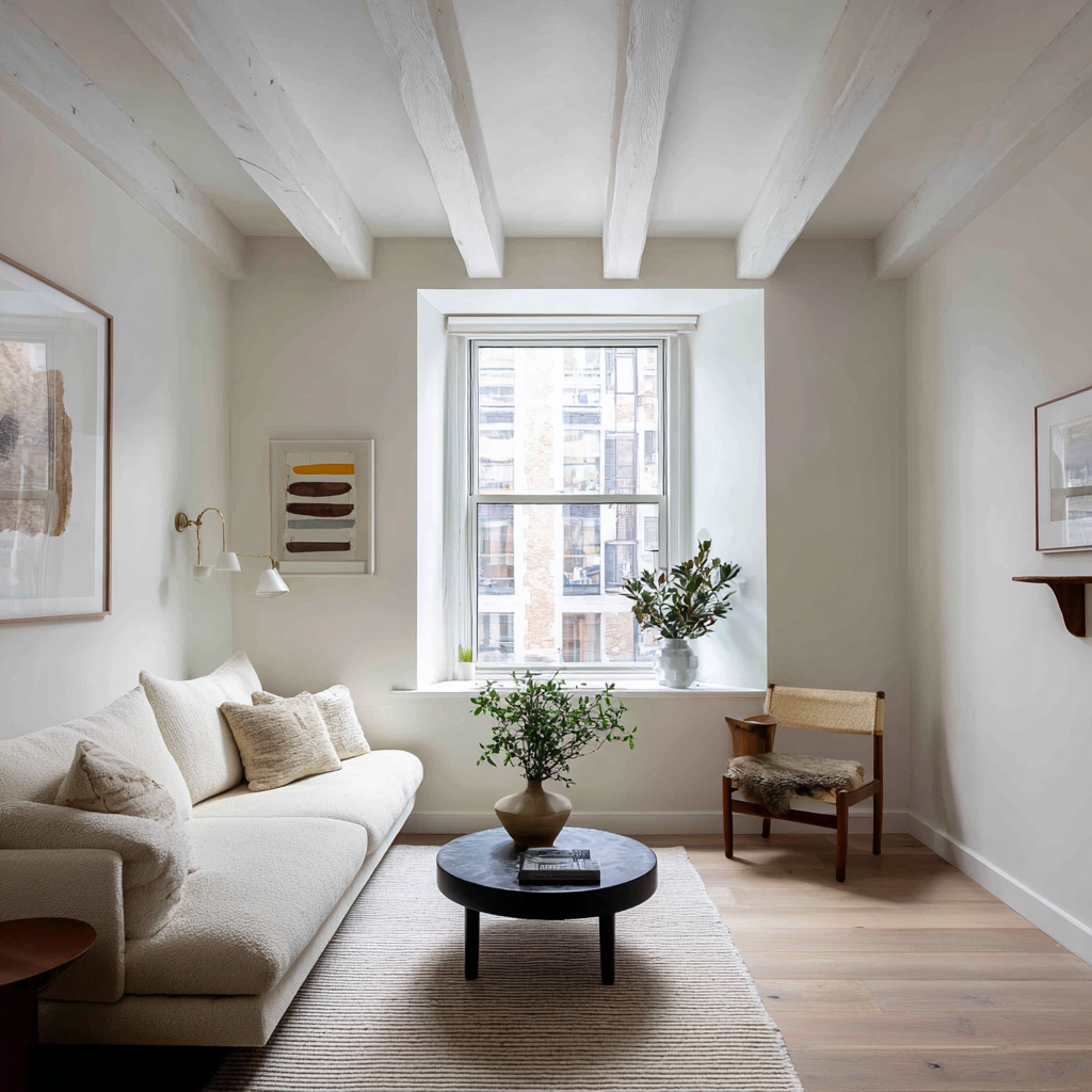 A minimalist living room with white walls, exposed ceiling beams, a cream sofa, a round coffee table, and a sunlit window with plants.