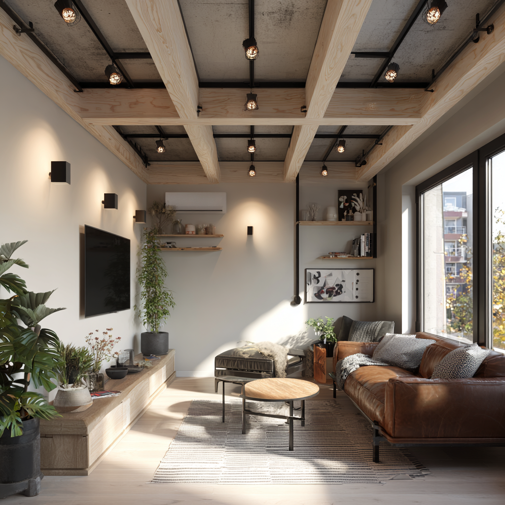 A modern living room with decorative wood ceiling beams, black track lighting, a leather sofa, plants, and large windows letting in sunlight.