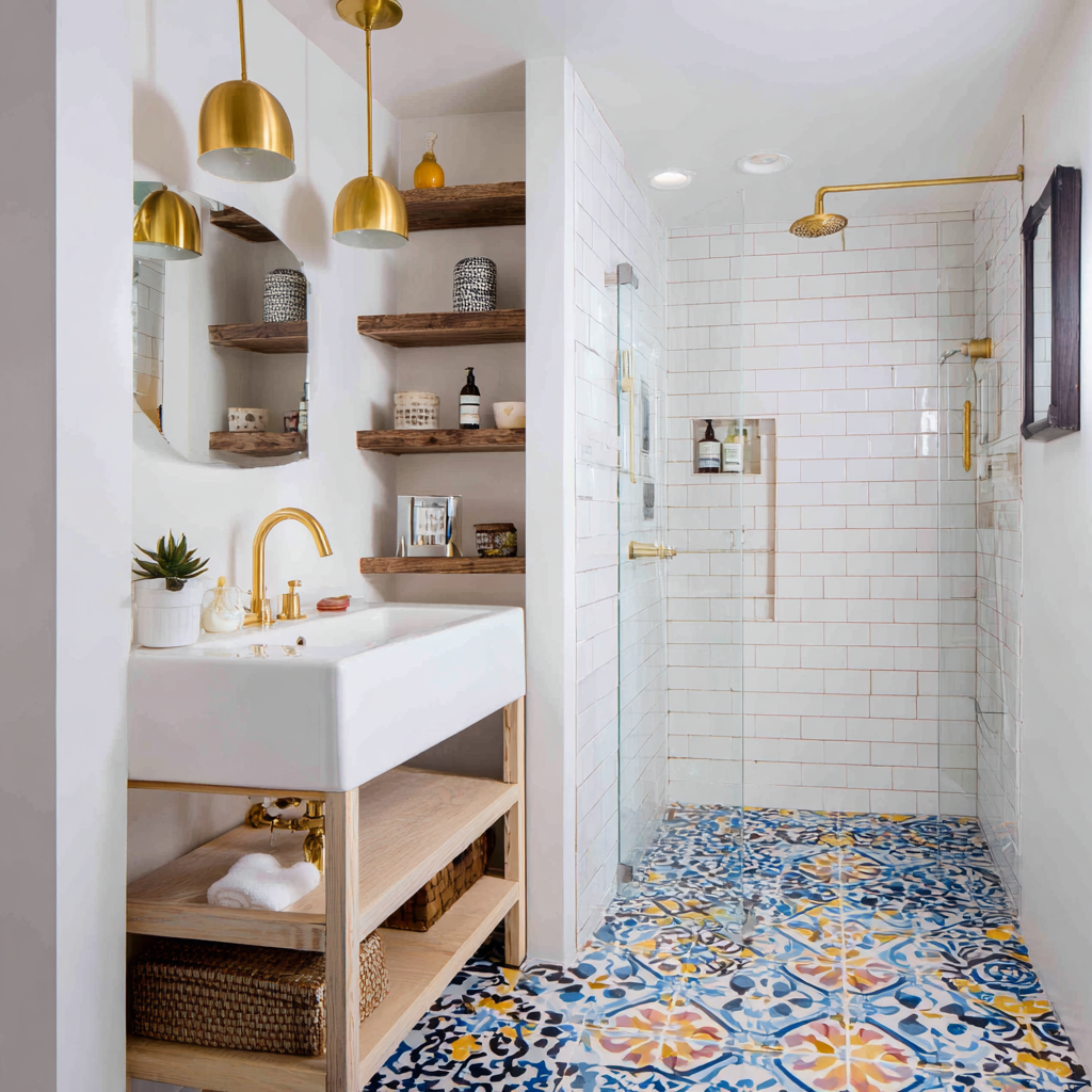 A small bathroom featuring colorful patterned cement tile flooring, a light wood open vanity with a vessel sink, and rustic wood floating shelves set into a wall niche.