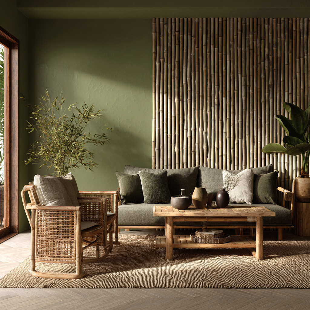 bamboo pole feature wall olive living room