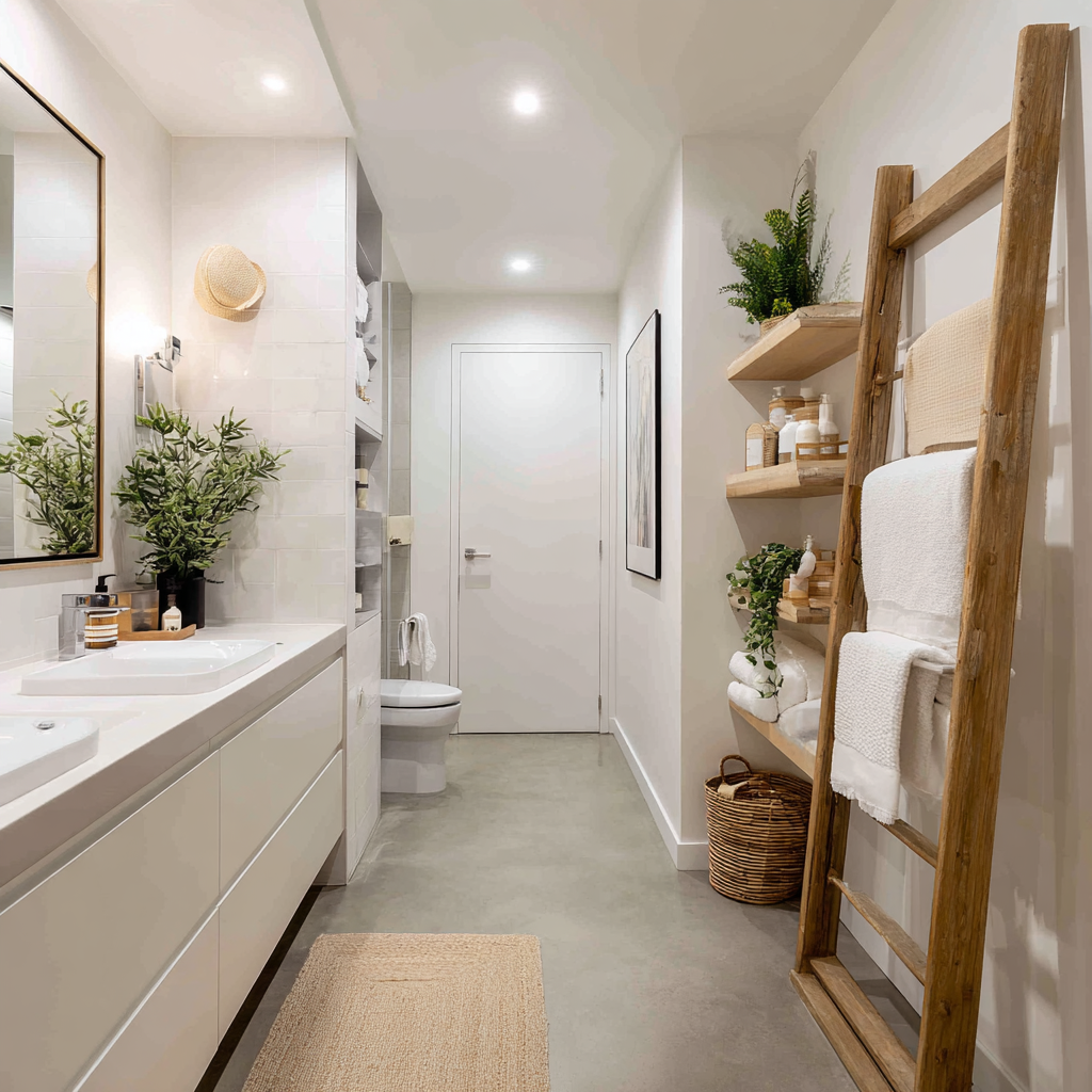 A modern ensuite bathroom featuring polished gray concrete floors, a sleek white double vanity, and rustic accents including natural wood floating shelves.