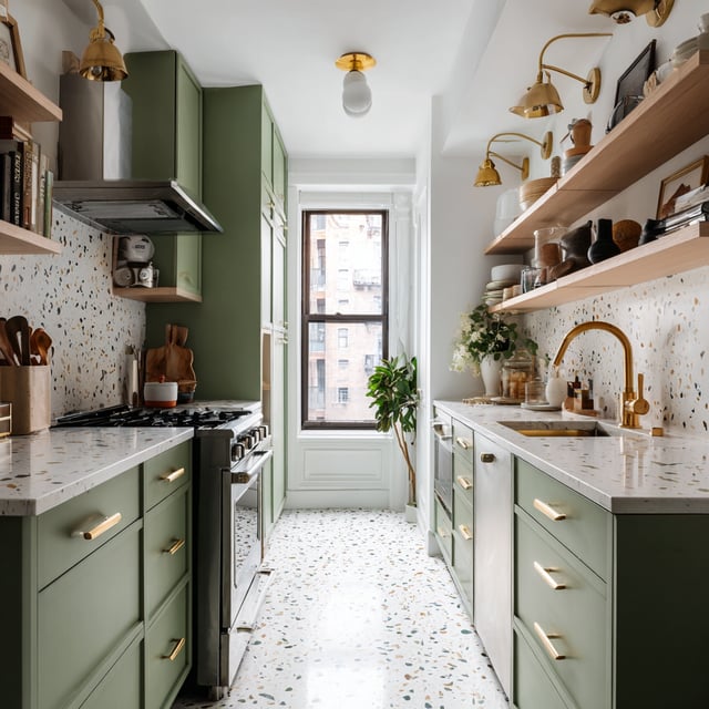 A brightly lit galley kitchen featuring a modern, playful design.