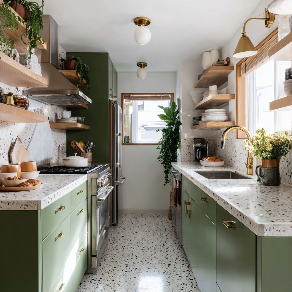 A narrow, bright galley kitchen features olive-green lower cabinetry with brass hardware, a matching terrazzo countertop and floor speckled with white, green, and orange fragments, open light-wood shelving, and several potted plants, with stainless steel appliances and a gold gooseneck faucet completing the look.