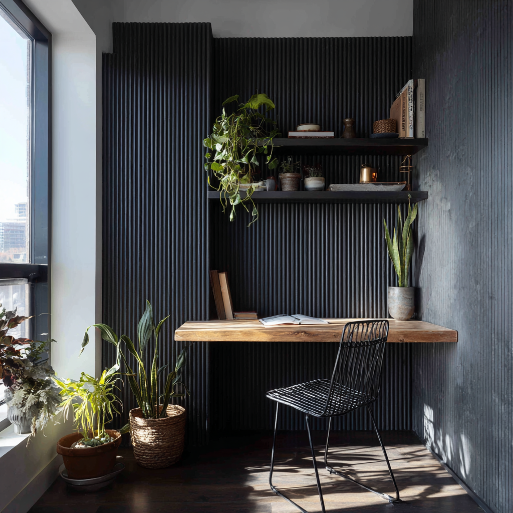 dark fluted panel home office