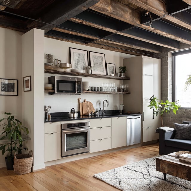 A modern loft-style kitchen with white flat-panel cabinets, a black countertop, and open wooden shelves holding dishes and framed artwork. Exposed wood and black beams and ceiling supports run overhead, with stainless steel appliances below and a large window bringing in natural light.