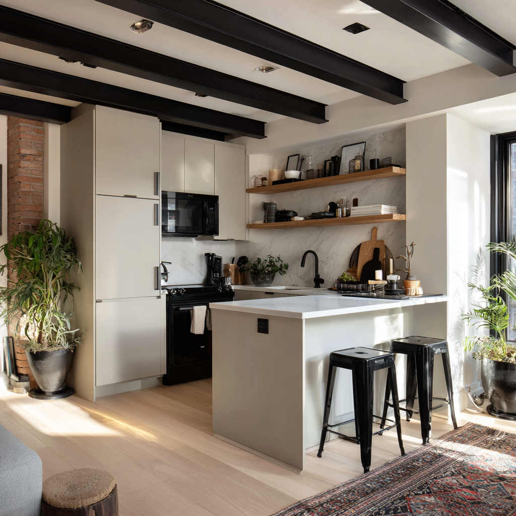 A modern loft kitchen with white cabinetry, a marble backsplash, open wood shelves, and a central island beneath black exposed ceiling beams.