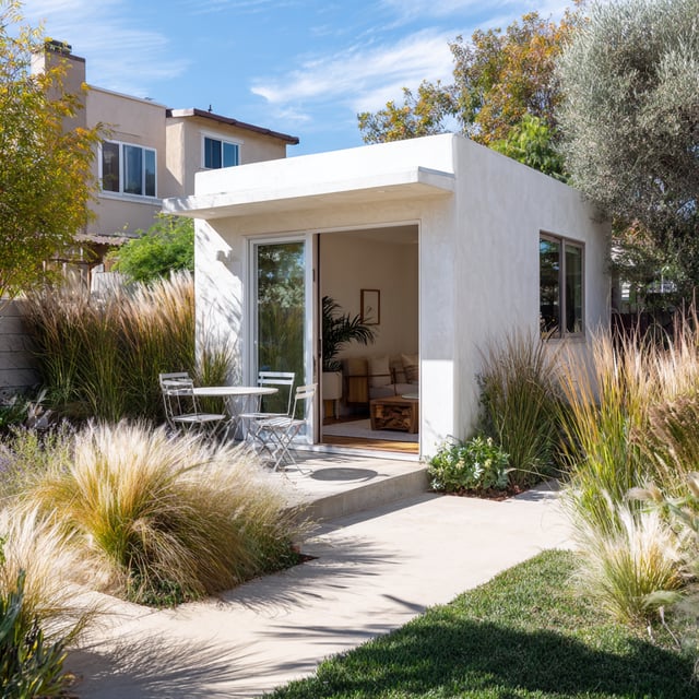 White stucco ADU with sliding doors and a bistro set.
