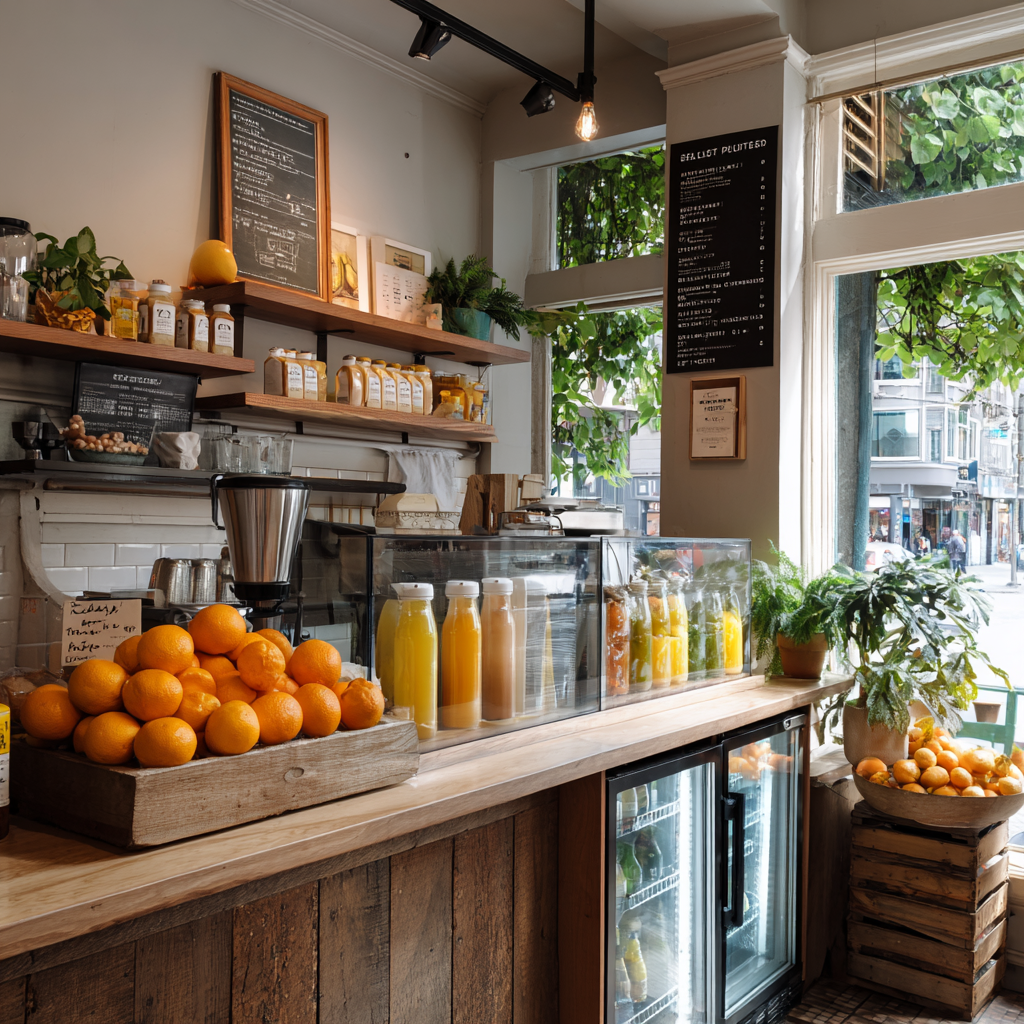 Minimalist shop with wood accents and woven pendant lamps.