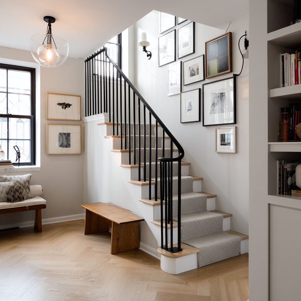A bright entryway features a wood herringbone floor, an L-shaped staircase with black metal balusters and a wood handrail, a light patterned runner, and a large gallery wall of framed art.