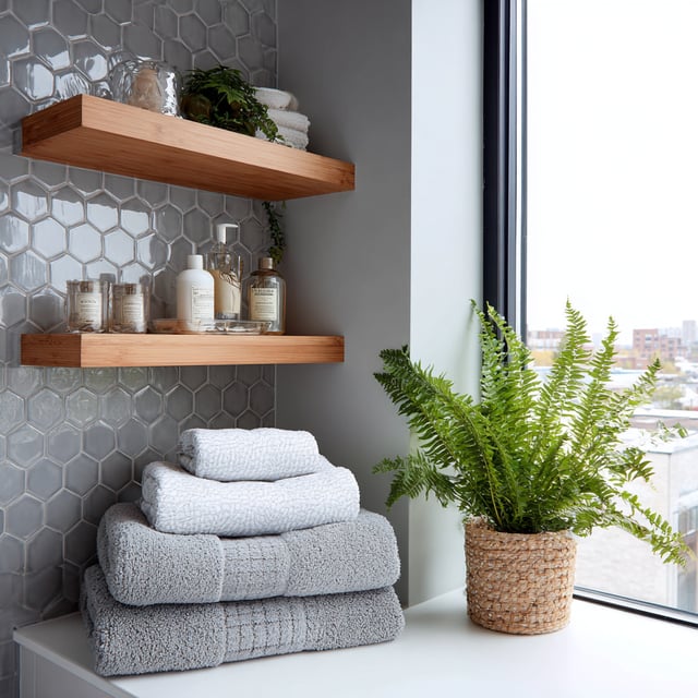 A modern, spa-like bathroom corner with a clean and natural aesthetic.
