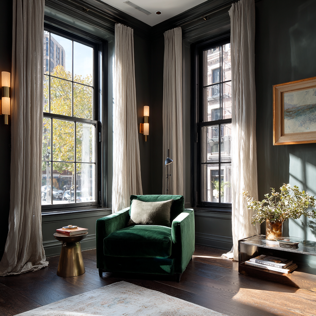 A dark-walled living space with large windows, a green velvet armchair, dark wood floors, and floor-to-ceiling white curtains.