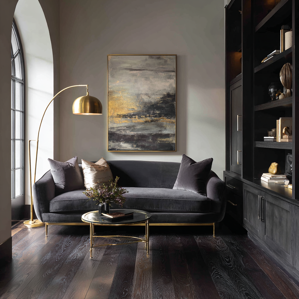 Elegant living room with dark wood floors and gold accents.