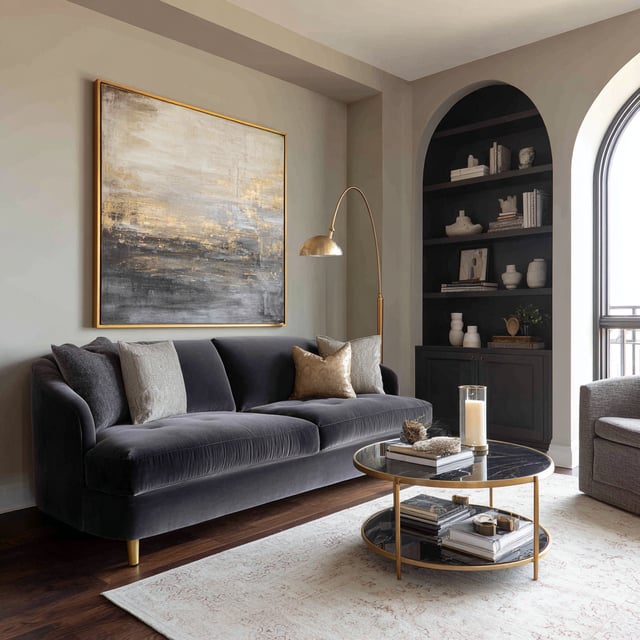 A sophisticated transitional living room with a matte charcoal velvet sofa, a dark built-in bookcase, and a round black marble coffee table.