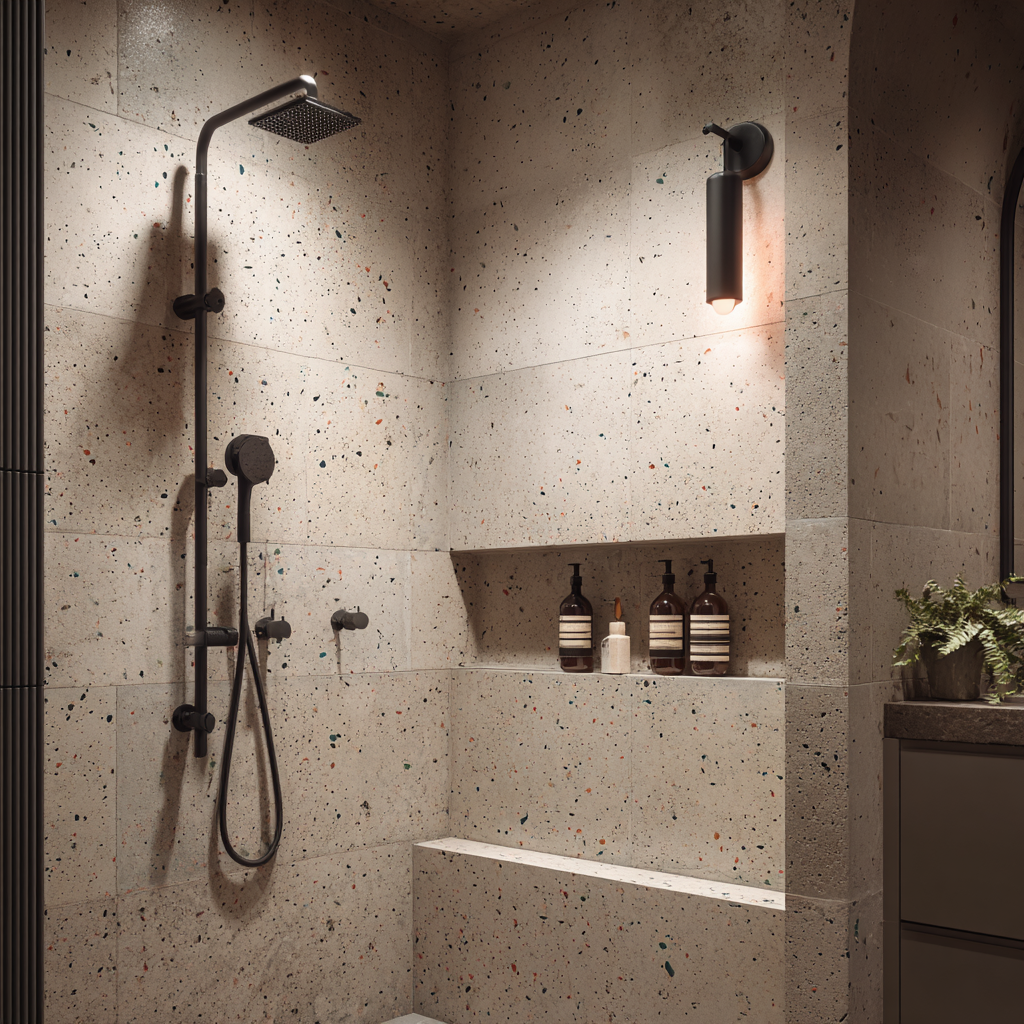 A spa-inspired shower stall is clad in light gray terrazzo tiles with colorful speckles, featuring a matte black shower system with a rainfall head and a handheld sprayer, a horizontal recessed niche holding three dark amber bottles and one white bottle, and a cylindrical black sconce providing warm accent lighting.