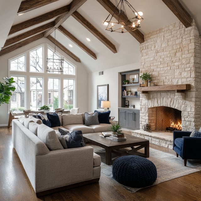 A spacious, open-concept living room addition featuring a high, vaulted ceiling with exposed wooden beams, a large sectional sofa, and a floor-to-ceiling stone fireplace.