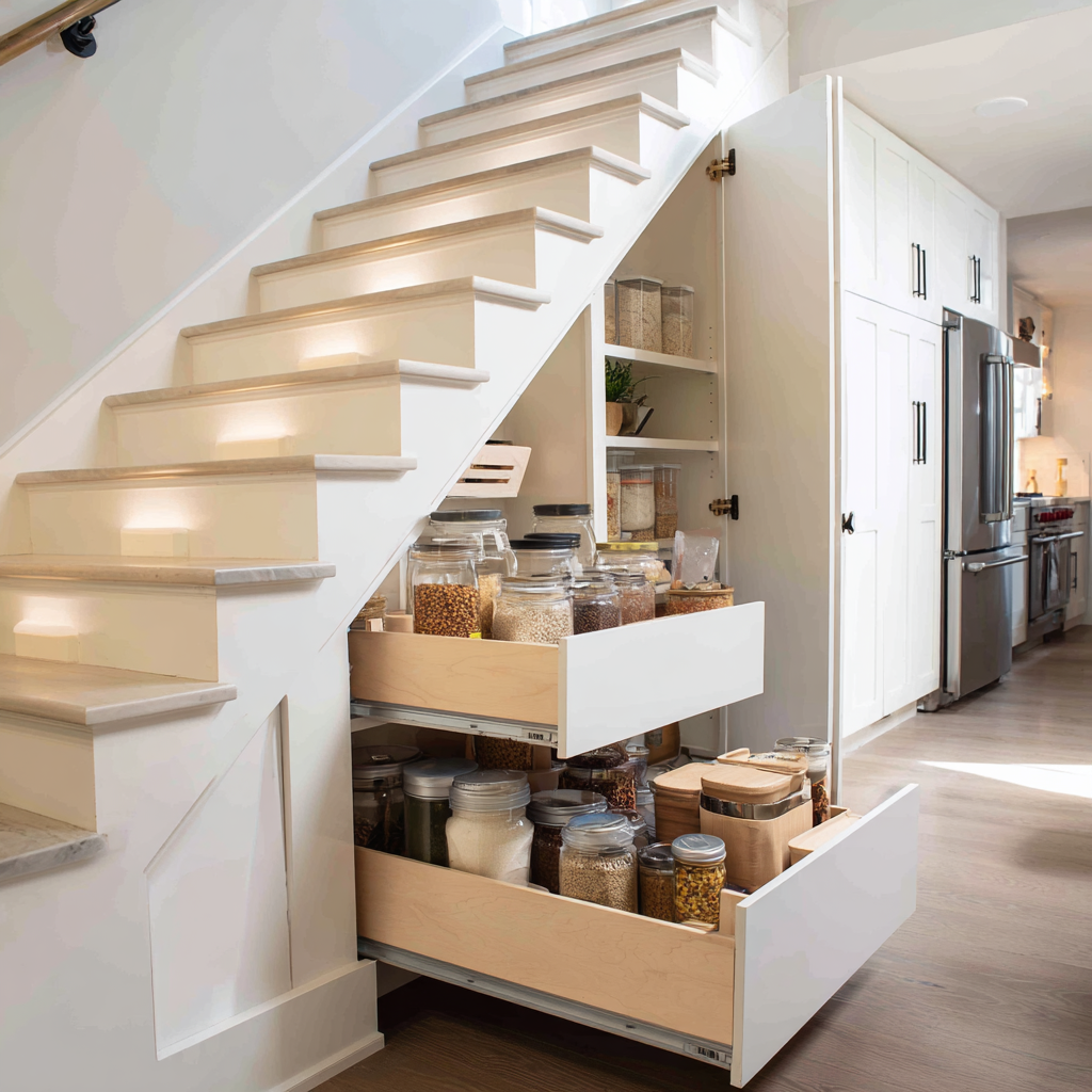 Modern under-stairs pull-out pantry with white shaker-style cabinetry, light wood drawers, glass storage jars filled with grains, warm integrated stair lighting, and a clean minimalist kitchen design.