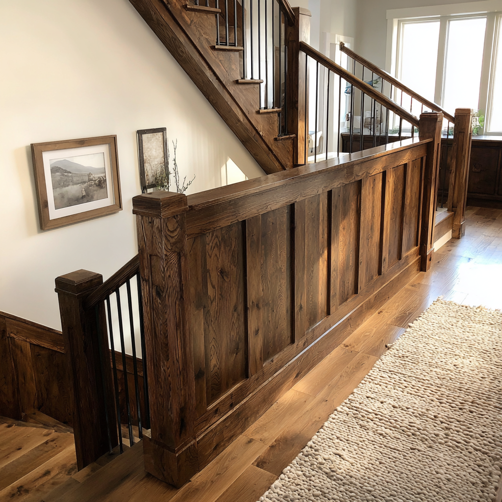 Image: [The dark-stained wood half wall with vertical paneling and black metal balusters]