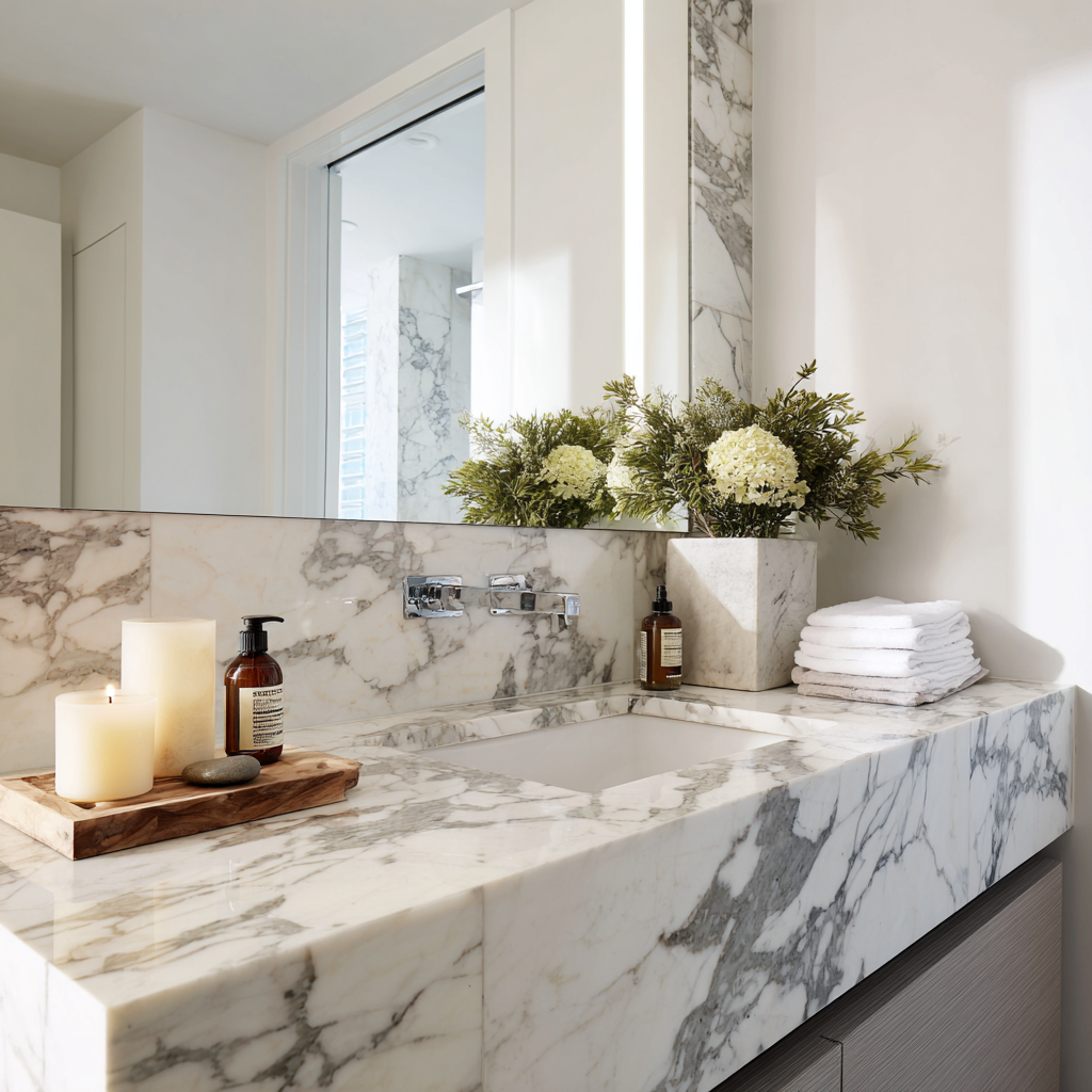 A modern bathroom vanity features a thick, cantilevered countertop and integrated sink made of white marble with gray veining, complemented by a deck-mounted, square marble vessel holding white and green faux floral arrangements, a stack of white towels, a wall-mounted faucet, and a wooden tray with candles and bath products.