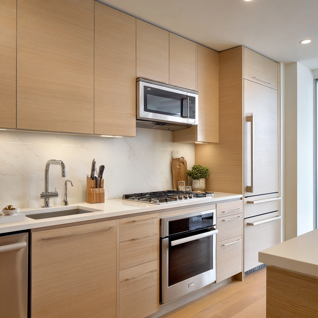 A modern kitchen with light wood grain cabinetry, stainless steel appliances, a white countertop, and a marble backsplash.