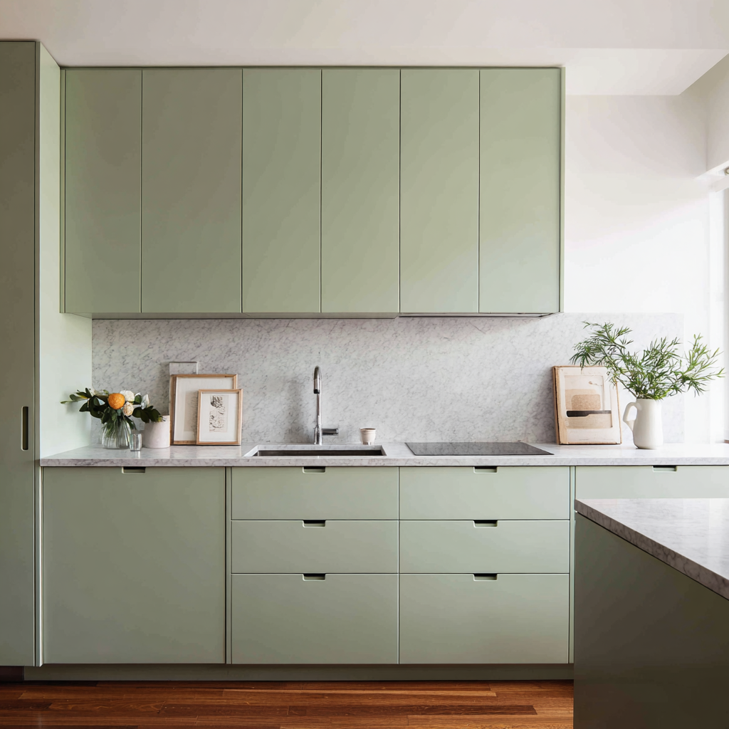 A straight-on, centered full elevation of a modest modern kitchen with light sage green cabinetry, a marble backsplash, and a sink.