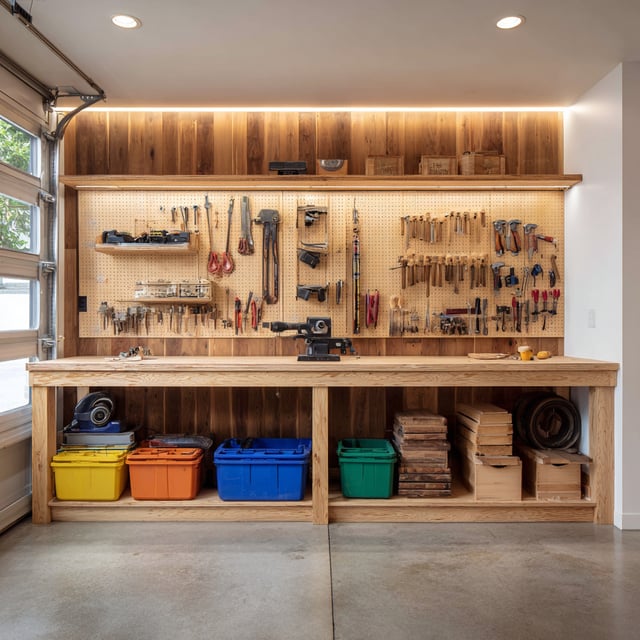 Wood workbench and tool organization in a garage.