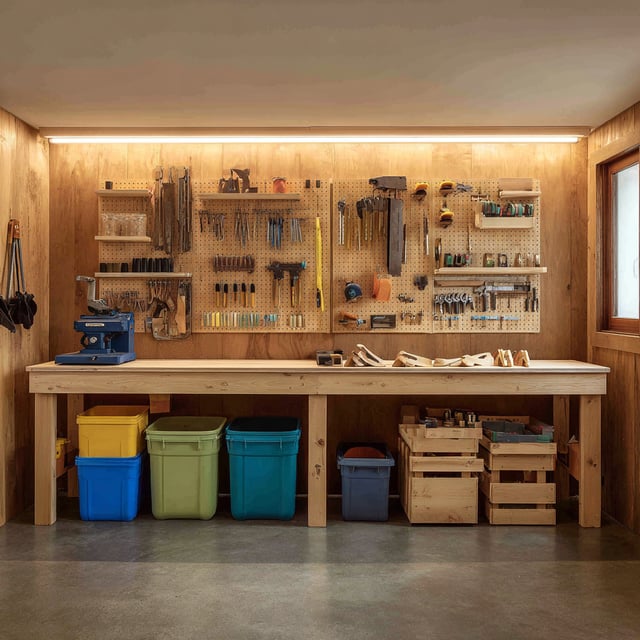 Wood workshop with tool wall, long bench, and color bins.