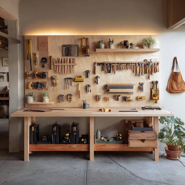 Workbench with tools neatly organized on a wooden pegboard.