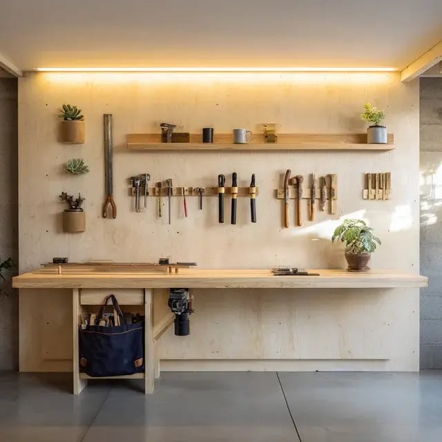 A straight-on view of a brightly lit, organized wooden workbench and tool storage wall in a garage.