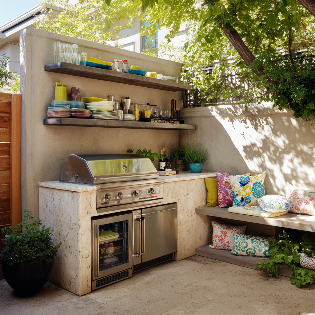 A vibrant, sunlit outdoor kitchen and lounge area featuring a built-in stone island with a professional stainless steel grill and mini-fridge.