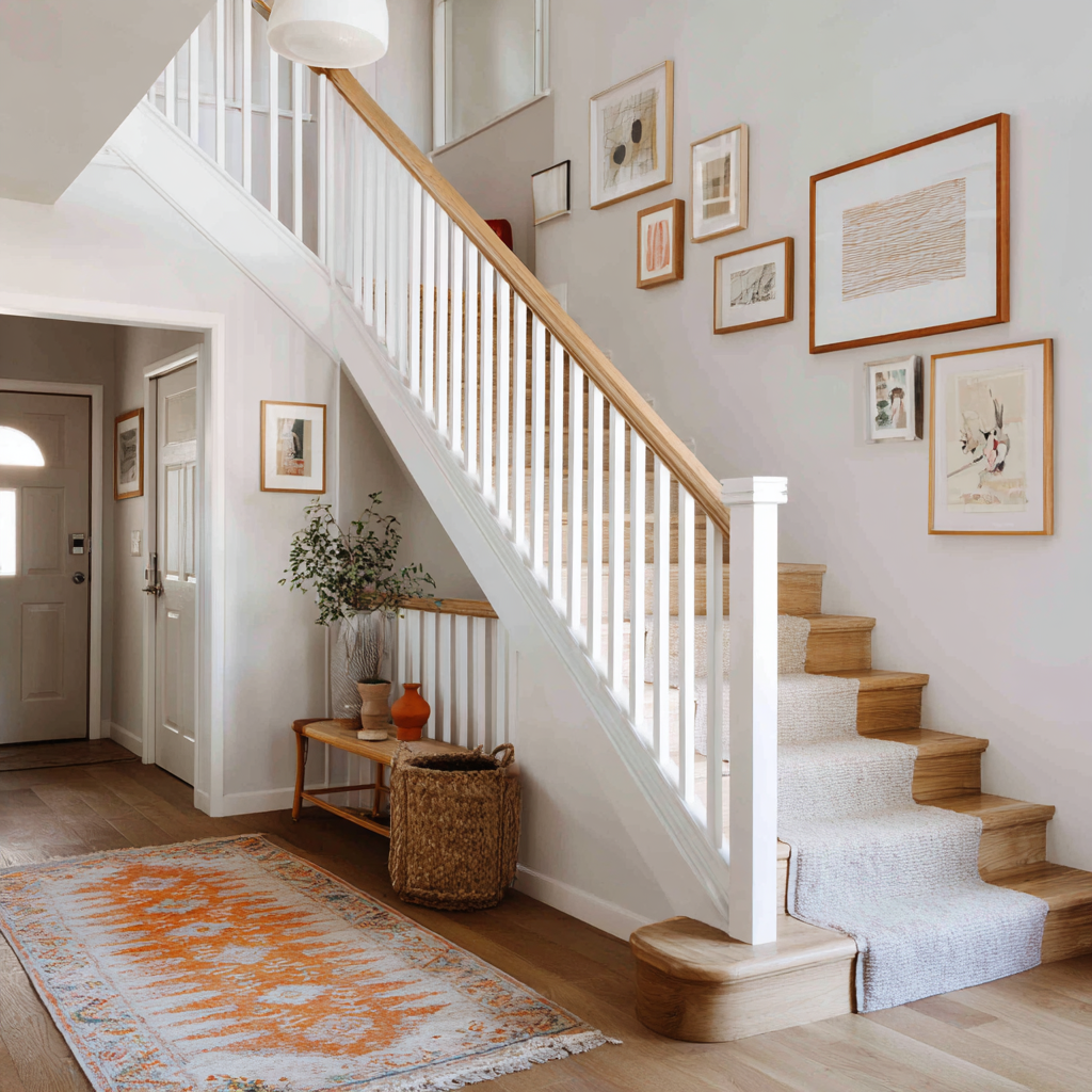 A bright entryway features a natural wood and white L-shaped staircase with a light carpet runner, a gallery wall of framed art, and an orange patterned area rug on a wood floor.