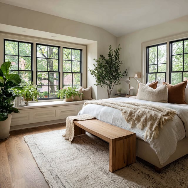 A bright, sun-filled master bedroom featuring a neutral color palette, natural wood flooring, and large black-framed windows that overlook lush greenery.