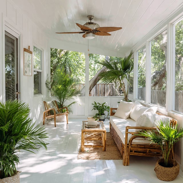 Sunlit Florida room with bamboo furniture and lush palms.