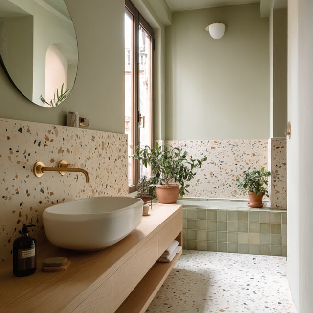 Sage green bathroom with terrazzo tile and wood vanity.
