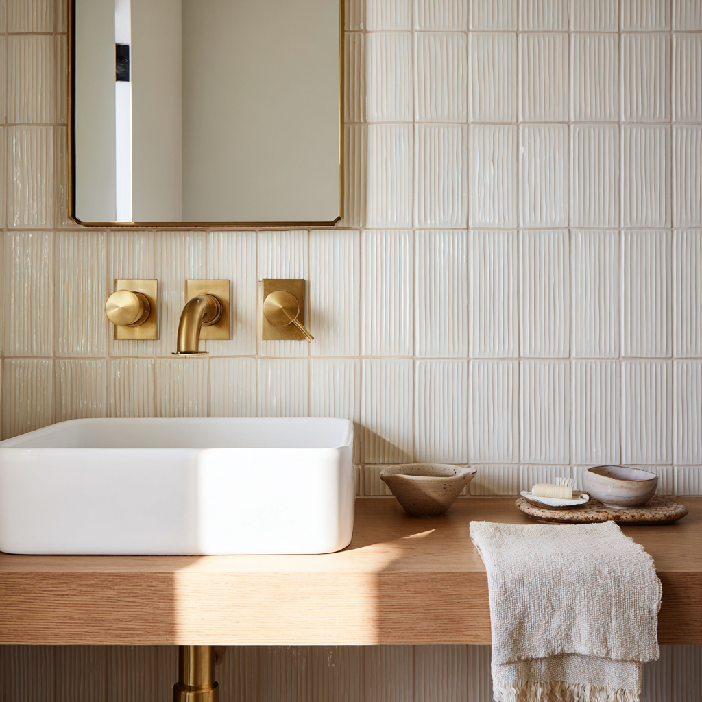 Fluted white tile, wood vanity, and brass bathroom fixtures.