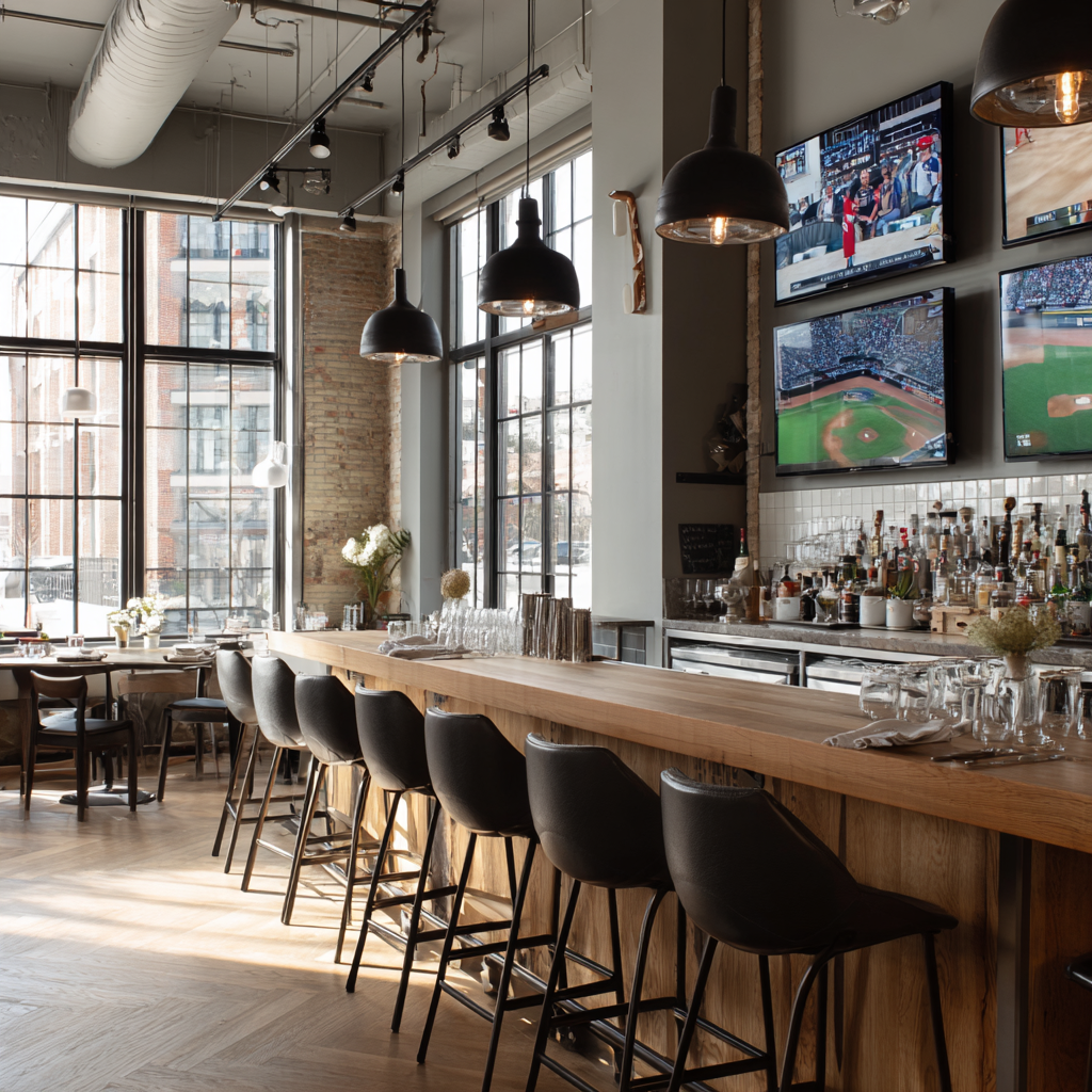 Chic sports bar with wood counters, black stools, and TVs.
