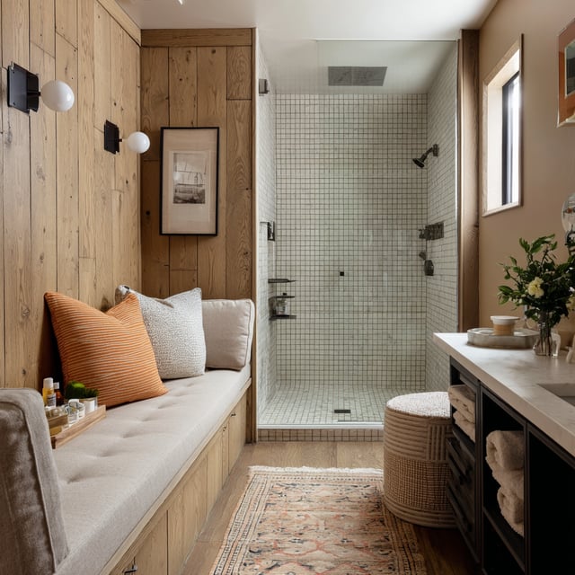 Rustic bathroom with wood walls, tiled shower, and a bench.