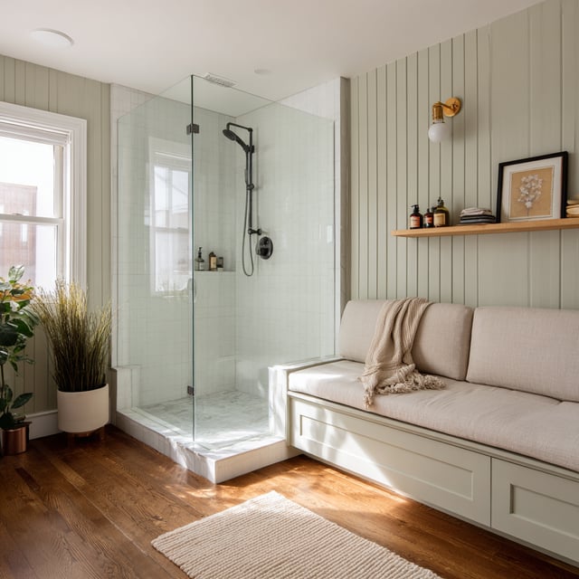 A bright, modern bathroom featuring light green painted wood paneling, a glass-enclosed shower, a built-in cushioned bench with storage, and rich hardwood floors.
