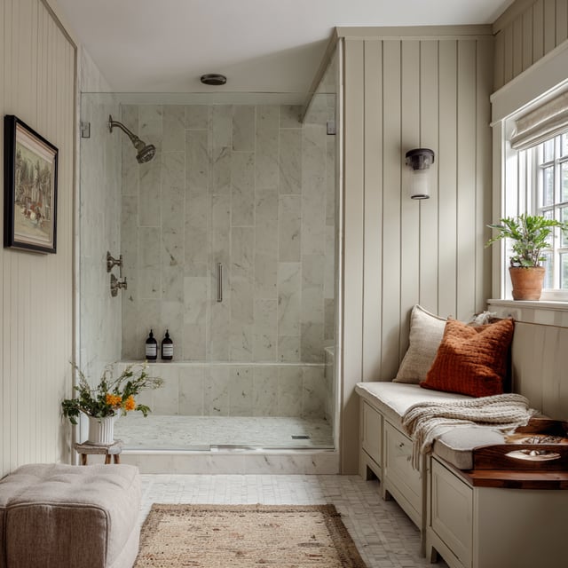 A spacious, rustic-meets-modern bathroom featuring painted wooden paneling and a large walk-in shower.