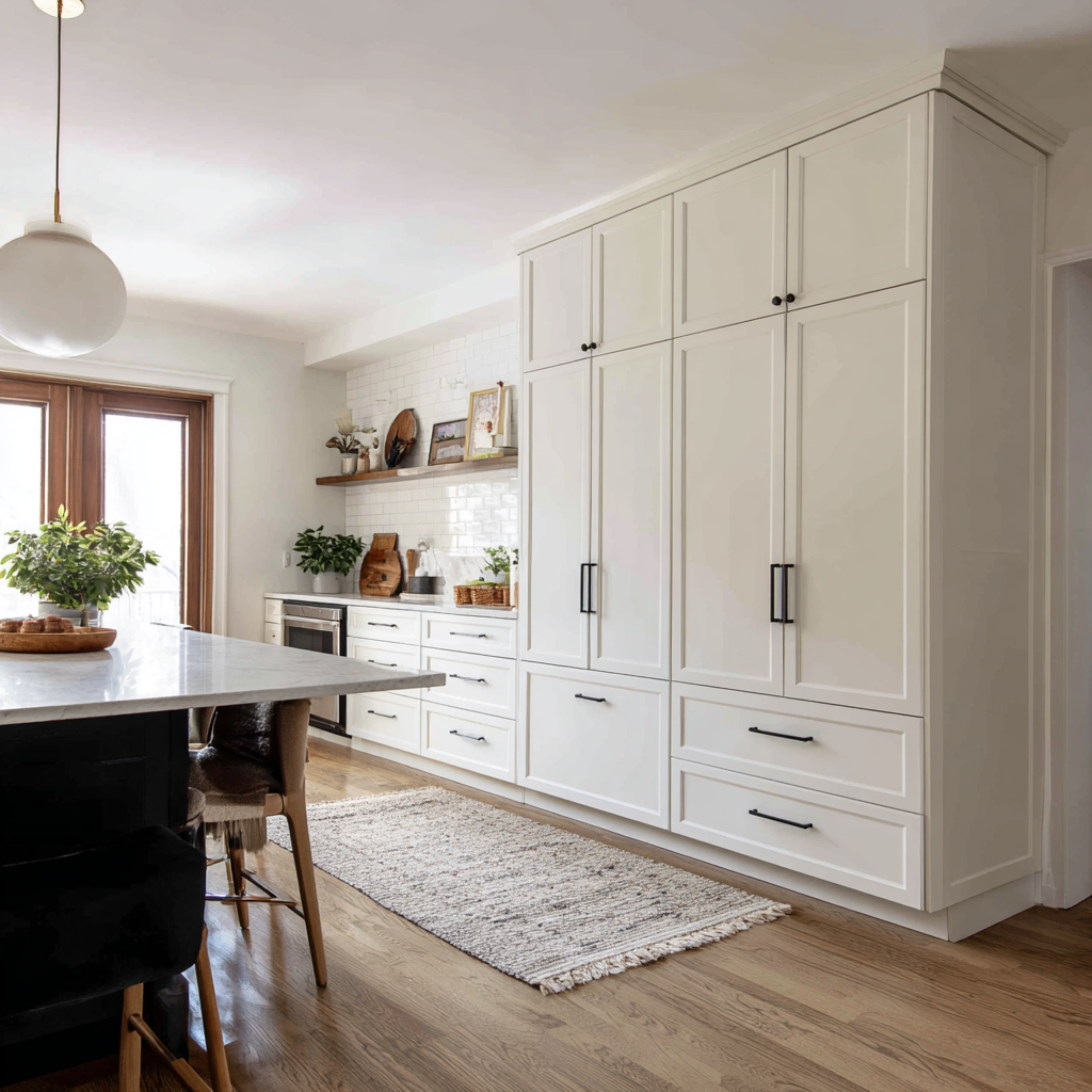 A kitchen featuring white, floor-to-ceiling cabinets with black hardware, open shelving, and a patterned rug on a wood floor.