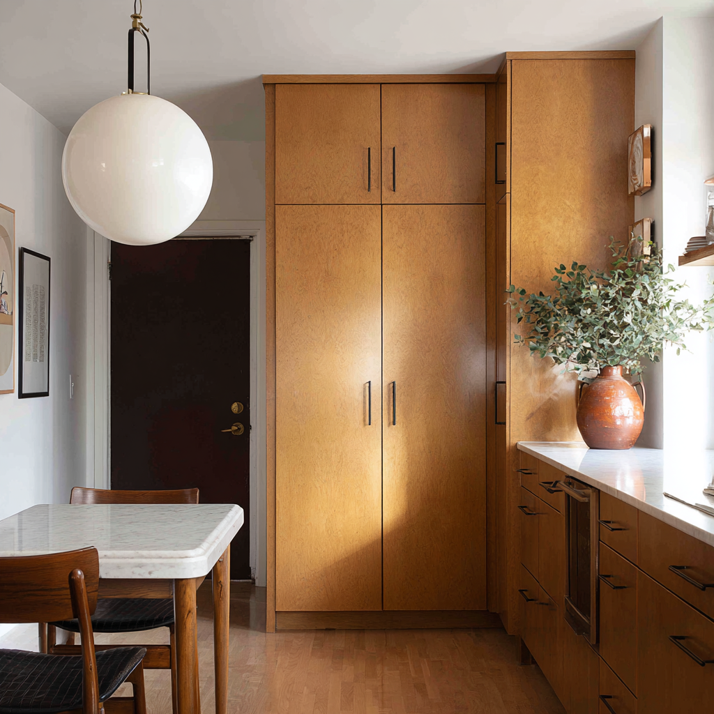 A kitchen with floor-to-ceiling light wood grain cabinetry, a white marble countertop, a large white globe pendant light, and a dining area.