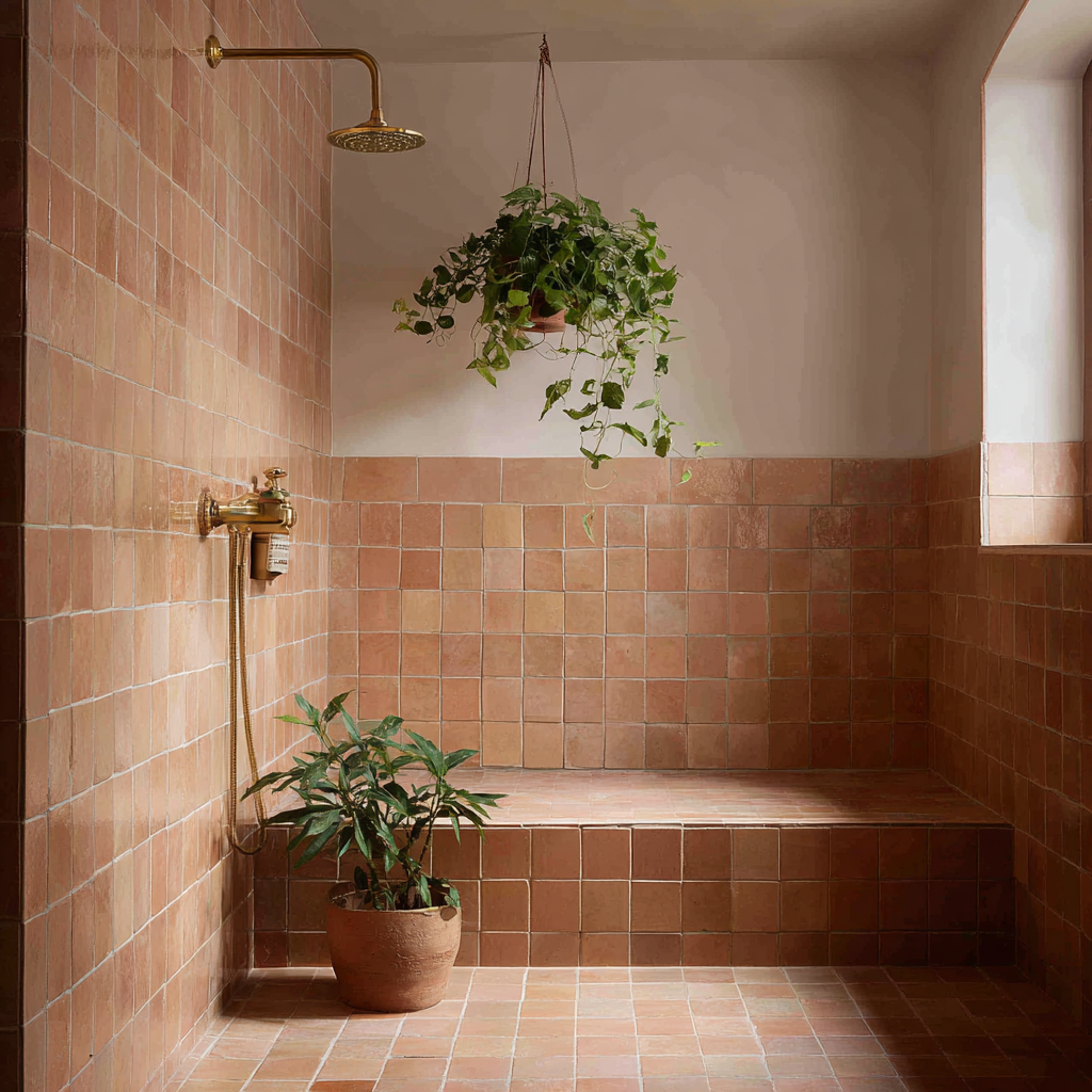 Terracotta tiled shower with brass fixtures and potted plants.